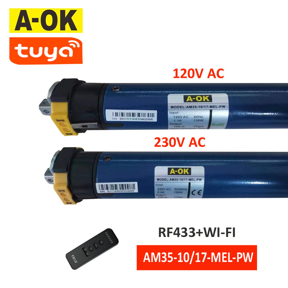 A-OK AM35 10/17 Smart Rolling Tubular Motor,RF433 Remote Tuya wifi App,for 40/45mm/47mm/50mm Tube,for Rolling Blinds,230V/120V